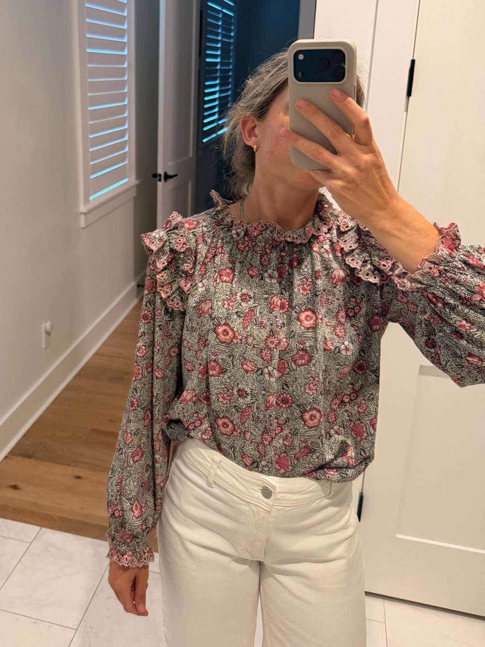 Rebecca Taylor Pink Floral Ruffle Neck Blouse on Green
